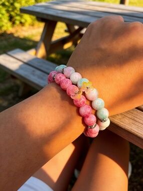 Cotton Pink & Turquoise Beaded Stretch Bracelet Set with Flower Charms